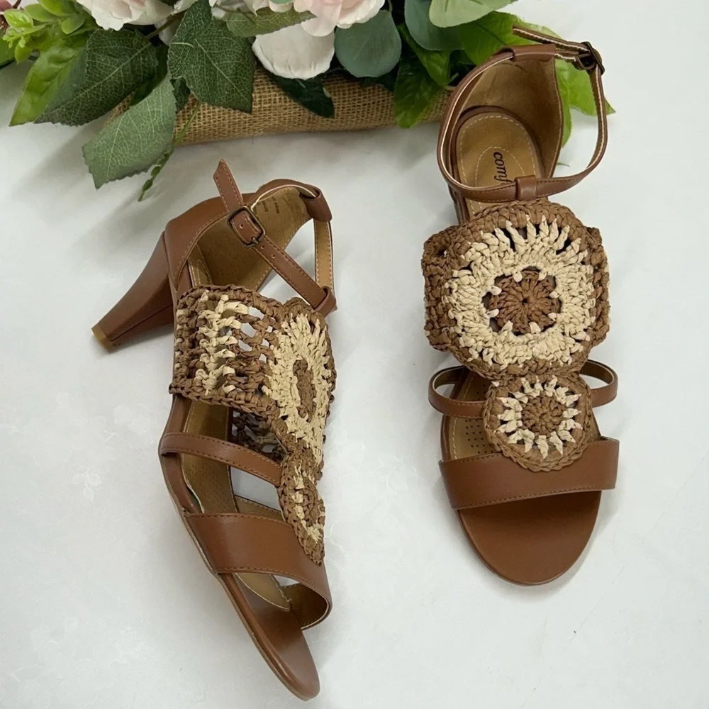 Brown and Cream Women's Sandals